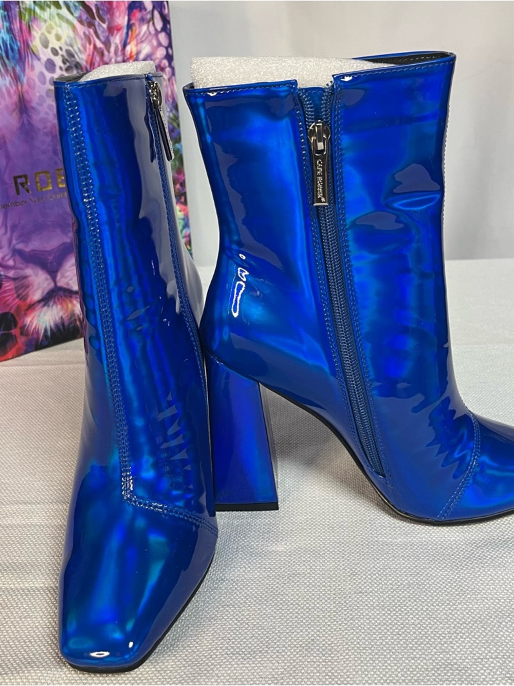 Cape Robbin Royal Blue Holographic Block Heel Ankle Boots - Sz 7 New in Box - Picture 6 of 9